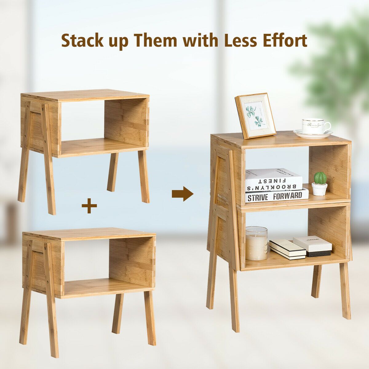 Set of 2 Stackable Bedside Table with Open Storage Compartment